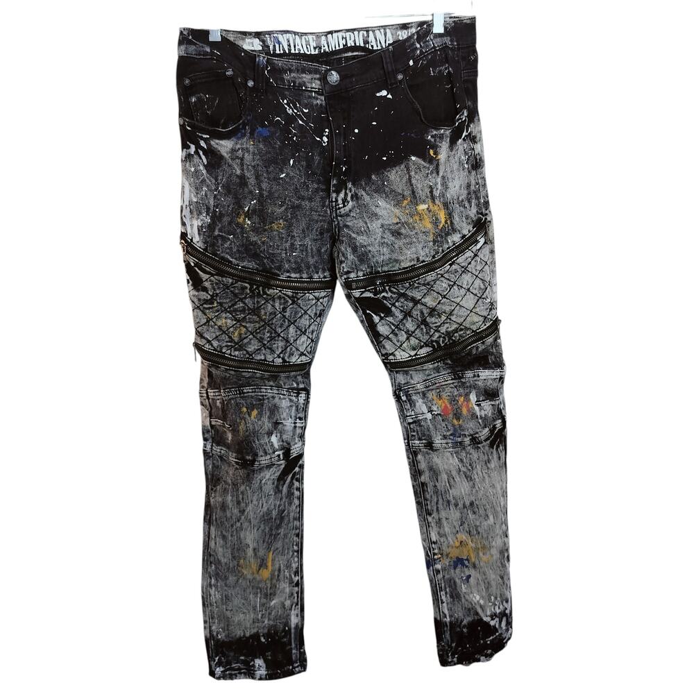 M888)Vintage Americana Paint, Splatter Distressed Black White Yellow Jeans 38/34